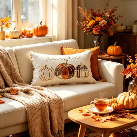 Fodera per Cuscino Ricamata con Zucca del Ringraziamento Autunnale Decorativa Rustica Federa per Divano Arredamento Casa