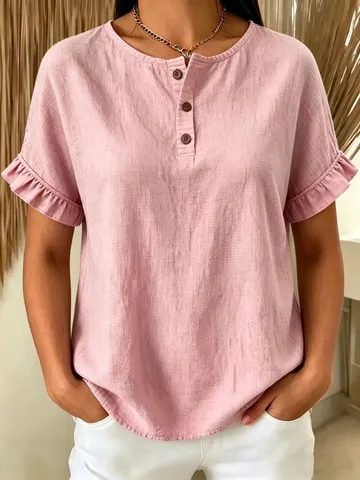 Women's Casual Cotton Ruffle Sleeve Top Round Neck Button Up Loose T-Shirt Solid Color Short Sleeve Blouse For Daily Commute