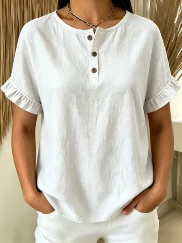 Women's Casual Cotton Ruffle Sleeve Top Round Neck Button Up Loose T-Shirt Solid Color Short Sleeve Blouse For Daily Commute