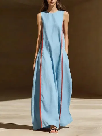 Women Summer Linen Sleeveless Loose Maxi Dress Minimalist Round Neck Contrast Color Side Stripe Casual Long Dress