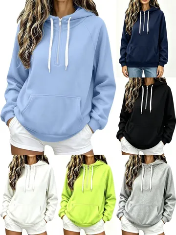 Women's Casual Solid Color Zip Up Hooded Sweatshirt Long Sleeve Drawstring Pocket Hoodie