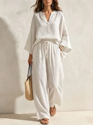 Women Casual Solid Color V-Neck Loose T-Shirt And Wide Leg Pants Two-Piece Set Summer Fashion Long Sleeve Outfit