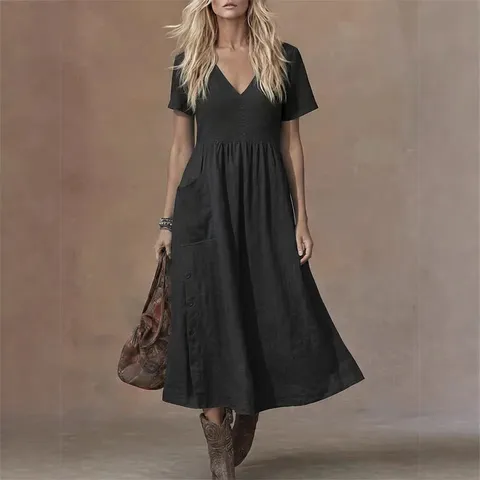 Women Elegant V Neck Button Midi Dress With Pockets Short Sleeve Loose Solid Color Casual A-Line Dress Fashion Summer Dress