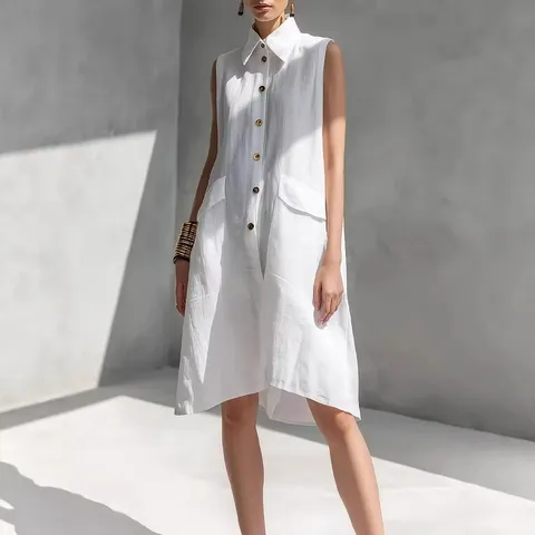 Summer Sleeveless Turn-Down Collar Midi Dress Solid Color Loose Fit Polyester Dress With Pockets For Women