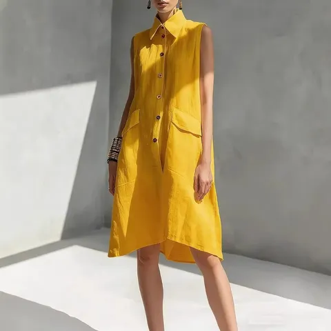 Summer Sleeveless Turn-Down Collar Midi Dress Solid Color Loose Fit Polyester Dress With Pockets For Women