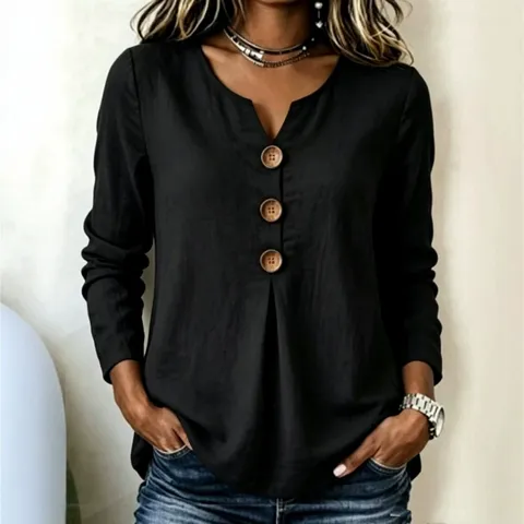 Women Casual Cotton Linen Blouse V Neck Large Buttons Long Sleeve Loose Pullover Top Solid Color Retro Shirt For Women