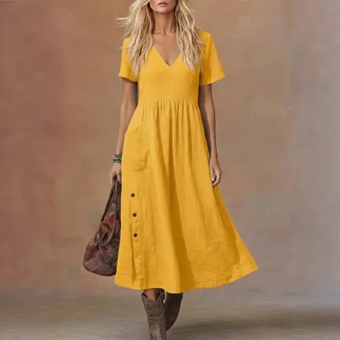 Women Elegant V Neck Button Midi Dress With Pockets Short Sleeve Loose Solid Color Casual A-Line Dress Fashion Summer Dress