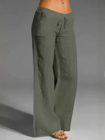 Women's Casual Cotton Linen Wide Leg Pants High Waist Drawstring Loose Striped Full Length Trousers Comfortable Bottoms