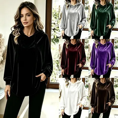 Women's Casual Long Sleeve Hooded Sweatshirt Solid Color Drawstring Loose Velvet Pullover Top