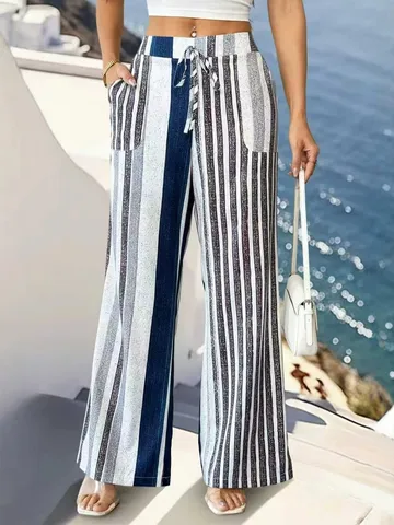 Women's Casual Cotton Linen Wide Leg Pants High Waist Drawstring Loose Striped Full Length Trousers Comfortable Bottoms