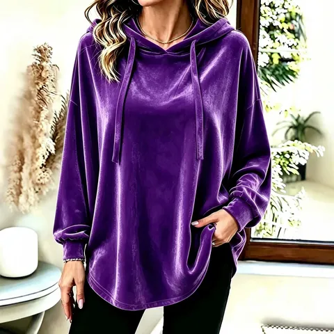 Women's Casual Long Sleeve Hooded Sweatshirt Solid Color Drawstring Loose Velvet Pullover Top