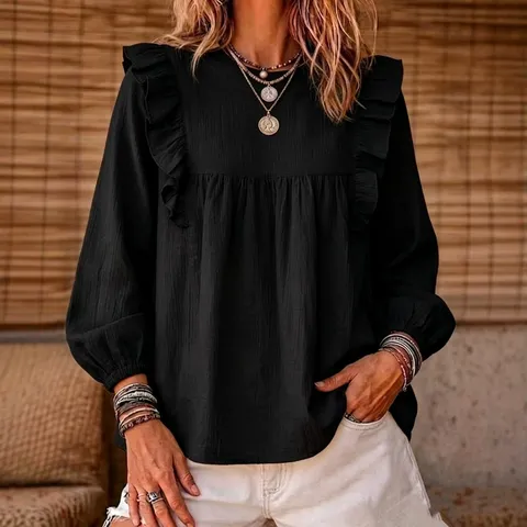 Women's Bohemian Long Sleeve Ruffle Patchwork Bubble Sleeve Blouse Casual Solid Color O-Neck Pullover Loose Shirt Top