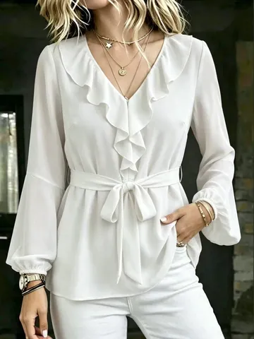 Women Casual Long Sleeve V Neck Ruffle Blouse Lantern Sleeve Slim Fit Solid Color Polyester Shirt Top