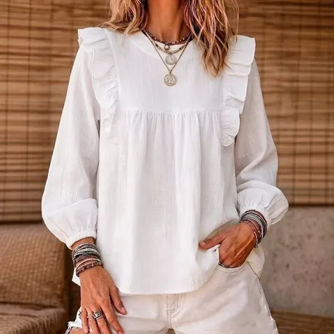 Women's Bohemian Long Sleeve Ruffle Patchwork Bubble Sleeve Blouse Casual Solid Color O-Neck Pullover Loose Shirt Top