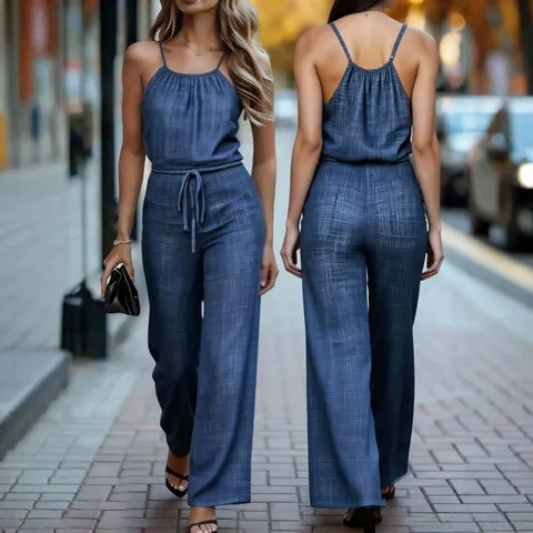 Women Casual Linen Blend Halter Jumpsuit Drawstring High Waist Wide Leg Long Pants Summer Solid Color Romper