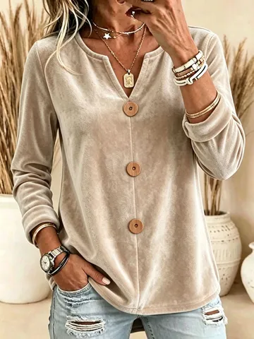 Dames Casual V-Hals Lange Mouw Velours T-Shirt Elegant Effen Kleur Knoop Ontwerp Mode Herfst Top