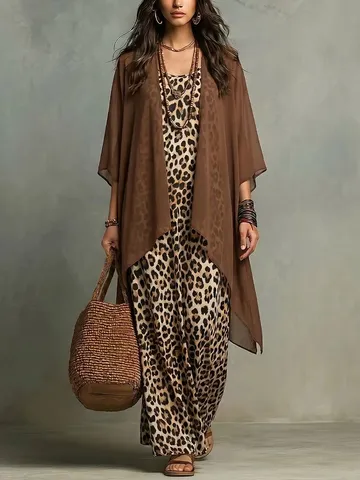 Women's Leopard Print Slip Long Dress And Chiffon Cardigan Two Piece Set Casual Boho Vacation Outfit Fashion Clothing