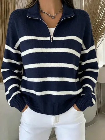 Damen Casual Lockere Passform Gestreift Umlegekragen Langarm Knit Pullover Herbst Winter
