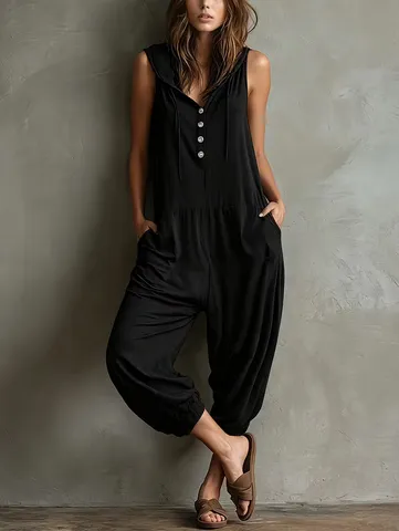 Women's Casual Sleeveless Hooded Jumpsuit Polyester Solid Color Loose Drawstring Cuffed Harem Long Pants Summer Fashion
