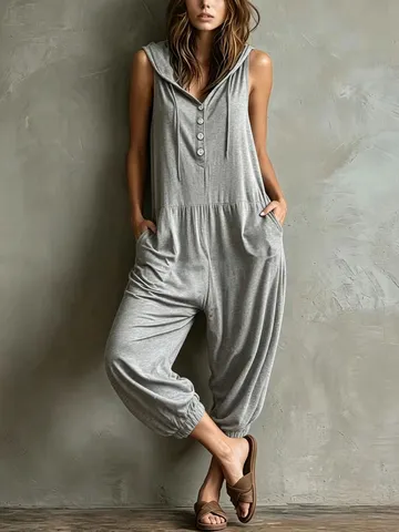 Women's Casual Sleeveless Hooded Jumpsuit Polyester Solid Color Loose Drawstring Cuffed Harem Long Pants Summer Fashion
