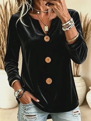 Dames Casual V-Hals Lange Mouw Velours T-Shirt Elegant Effen Kleur Knoop Ontwerp Mode Herfst Top