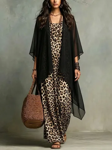 Women's Leopard Print Slip Long Dress And Chiffon Cardigan Two Piece Set Casual Boho Vacation Outfit Fashion Clothing