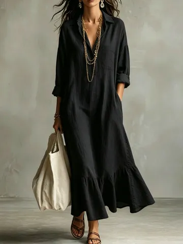 Dames Casual Katoen Linnen Lange Mouw Lapel Fishtail Jurk Losse Effen Kleur Maxi Jurk