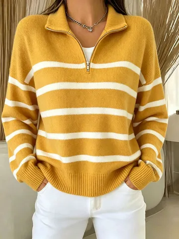 Damen Casual Lockere Passform Gestreift Umlegekragen Langarm Knit Pullover Herbst Winter