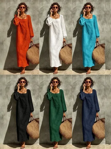 Damen Französisch Vintage Einfarbig Langarm Maxi Kleid Elegantes Viereckiges Ausschnitt Lässiges langes Kleid Herbst Mode Bekleidung