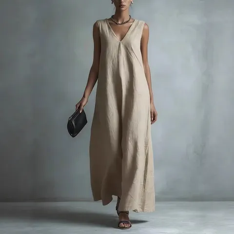 Women Casual Elegant V Neck Sleeveless Solid Color Maxi Dress Loose Fit Long Summer Dress Fashion Apparel