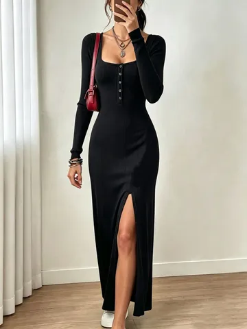 Dames Elegant Lange Mouw Vierkante Hals Effen Kleur Hoge Split Maxi Jurk Slim Fit Casual Lange Jurk