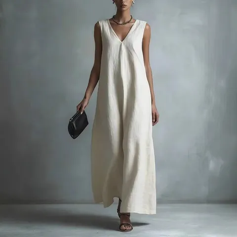 Women Casual Elegant V Neck Sleeveless Solid Color Maxi Dress Loose Fit Long Summer Dress Fashion Apparel