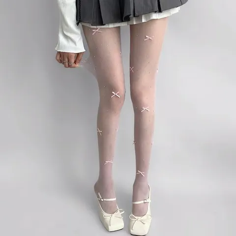 Women Lolita Sweet Bow Pearl Rhinestone Sheer Pantyhose Summer Thin Anti-Snag Silk Stockings Fashion Legwear