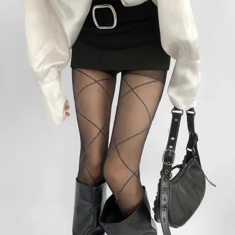 Women's Vintage Criss-Cross Diamond Pattern Sheer Tights High Elasticity Slimming Pantyhose Sexy Slim Fit Leggings