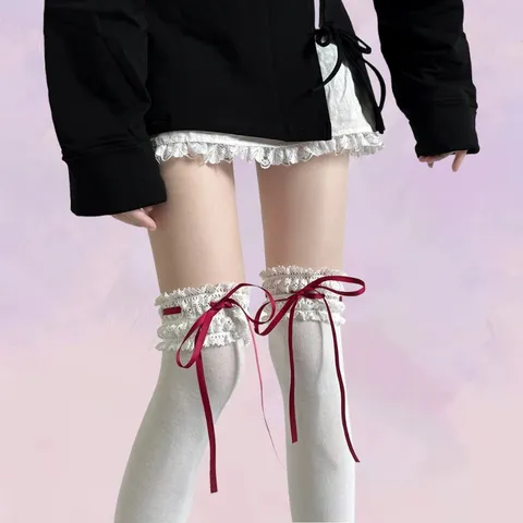 Encaje Lazo Cinta Lolita Calcetines Altos Japonés Dulce JK Estilo Universitario Algodón Medias Largas Mujer