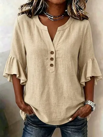 French Style Women's V-Neck Flare Sleeve Cotton Linen Blouse Loose Casual Shirt Top Retro Solid Color Top