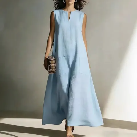 Women Casual Sleeveless V-Neck Maxi Dress Simple Versatile Loose A-Line Long Dress With Pockets Solid Color Polyester Summer Sundress