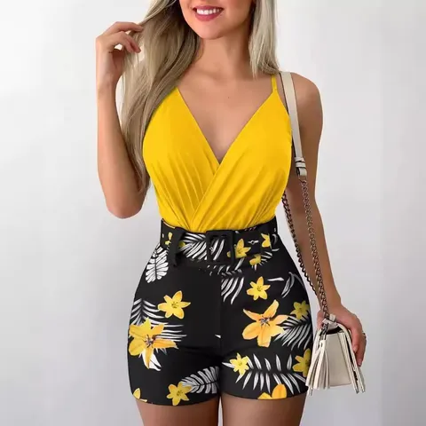 Women Summer Casual V-Neck Cami Tank Top And Tropical Plant Print Shorts Top And Bottom With Belt Fashion Outfit