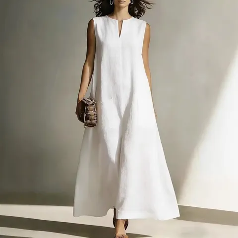 Women Casual Sleeveless V-Neck Maxi Dress Simple Versatile Loose A-Line Long Dress With Pockets Solid Color Polyester Summer Sundress