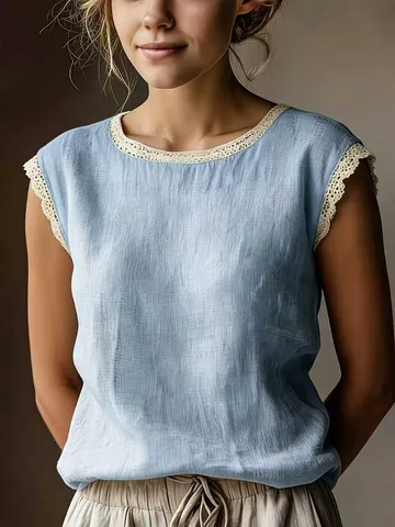 Women's Casual Solid Color Sleeveless T-Shirt Vintage Lace Trim Crew Neck Cotton Linen Summer Basic Top