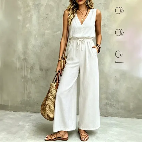 Tuta da Donna Casual Scollo a V Senza Maniche Coulisse in Vita Pantalone Largo Tinta Unita Estate Chic
