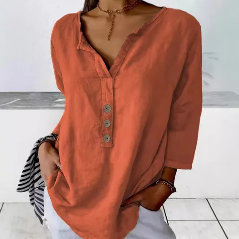 Women's Casual Notch V Neck Long Sleeve Button Down Shirt Solid Color Loose Fit Blouse Top