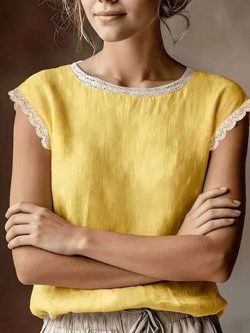 Women's Casual Solid Color Sleeveless T-Shirt Vintage Lace Trim Crew Neck Cotton Linen Summer Basic Top