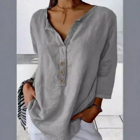 Women's Casual Notch V Neck Long Sleeve Button Down Shirt Solid Color Loose Fit Blouse Top
