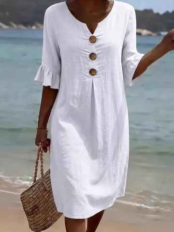 Women Casual Cotton Linen V Neck Button Ruffle Sleeve Midi Dress Solid Color Loose Summer Vacation Beach Dress