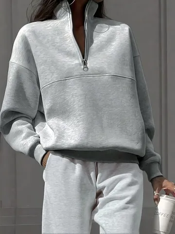 Women Casual Stand Collar Half Zip Long Sleeve Sweatshirt Solid Color Loose Fit Pullover Fashion Streetwear Top