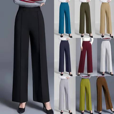 Damen Casual Hohe Taille Locker Weite Beinhose Einbufarbig Elastischer Bund Lange Hose