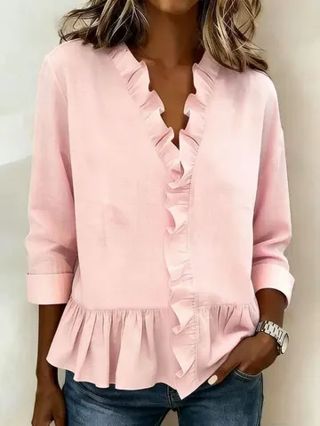 Women's Casual Long Sleeve Blouse V-Neck Lettuce Trim Ruffle Hem Solid Color Cotton Blend Casual Shirt Top
