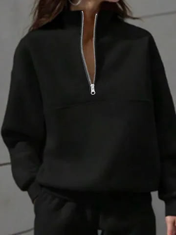 Women Casual Stand Collar Half Zip Long Sleeve Sweatshirt Solid Color Loose Fit Pullover Fashion Streetwear Top