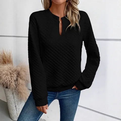 Women's Casual Solid Color Deep V-Neck Patchwork Long Sleeve Sweatshirt Loose Pullover Fall Fashion Top